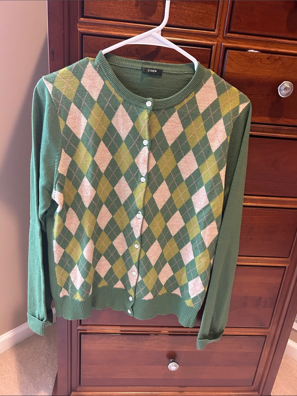 J. Crew Green and Cream Argyle Cardigan, sz large, dry clean only, preppy style
